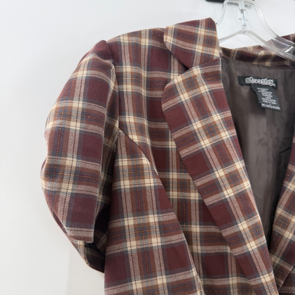 Stooshy Womens Plaid Y2K Short Sleeve Blazer Burgundy Brown Metallic Gold Large - Picture 7 of 12